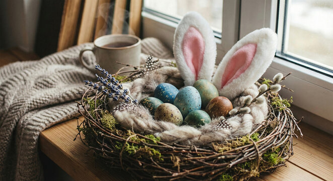 Speckled Easter eggs in a bird nest with rabbit ears on a window sill, spring holiday or seasonal home decor