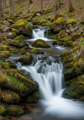 Fototapeta premium Nature scene of a rapid creek cascading over wet mossy stones, illustrating the powerful movement towards the source of the water flow, rapid, nature, energy