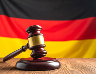 German national flag and judge gavel symbolizing justice and law. Symbol for crime, judgement, legislation and judicial decisions. This image was artificially generated with A