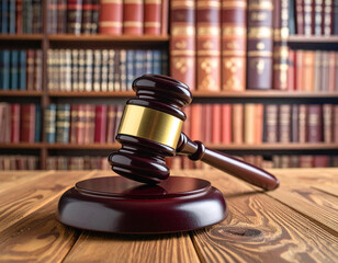 Judge gavel with book shelf symbolizing justice and law. Symbol for crime, judgement, legislation and judicial decisions. This image was artificially generated