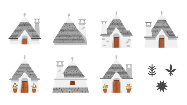 Collection of charming cartoon trulli houses with unique architectural details and decorative elements