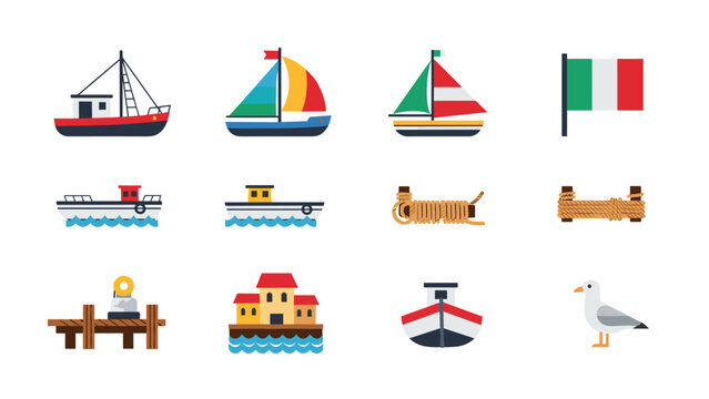 Collection of nautical and marine icons featuring boats, flags, and seaside elements