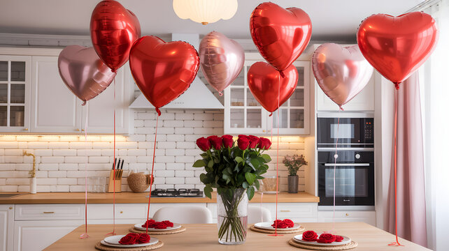 Heart-shaped balloons and roses decorating a kitchen table romantic surprise for Valentines Day or anniversary celebration.