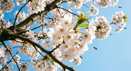 Obraz premium Cherry blossoms blooming against blue sky with honey bees, spring nature background, organic honey brand