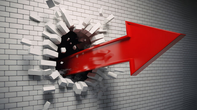 Red arrow breaking through brick wall symbolizing success breakthrough and overcoming obstacles concept for business growth.