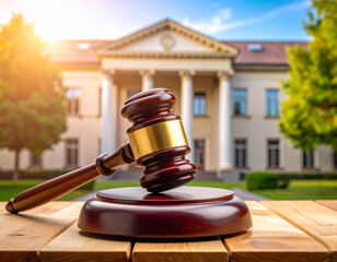 Judge gavel with house in the background. Symbolizing justice and law. Symbol for crime, judgement, legislation and judicial decisions. Image was  AI generated