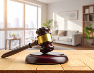 Judge gavel and  flat indoor symbolizing justice and law. Symbol for crime, judgement, legislation and judicial decisions. This image generated with AI