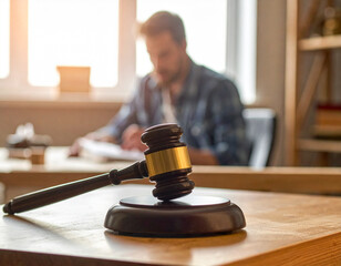  Person sitting at a desk with judge gavel symbolizing justice and law. Symbol for crime, judgement, legislation and judicial decisions. This image was artificially generated with AI