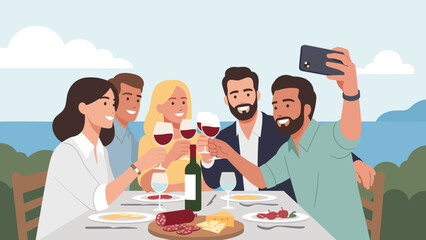 Fototapeta premium Friends taking a selfie while toasting with wine at an outdoor dinner party by the sea