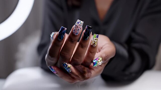Customized Nail Art with Shimmering Embellishments - A medium shot of a person's hand displaying an array of customized nail art styles with digital brush effects and shimmering embellishments.