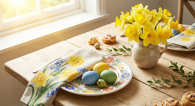 Easter table setting with yellow daffodils and colorful eggs in sunlight, festive family brunch, restaurant menu