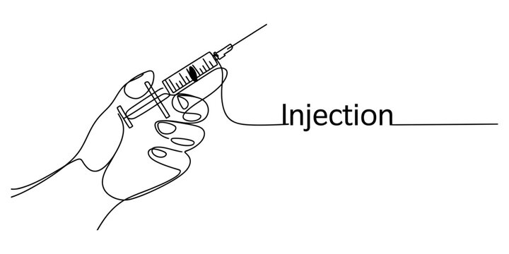 Continuous line drawing of a hand holding a syringe, representing a medical injection concept Vector, illustration