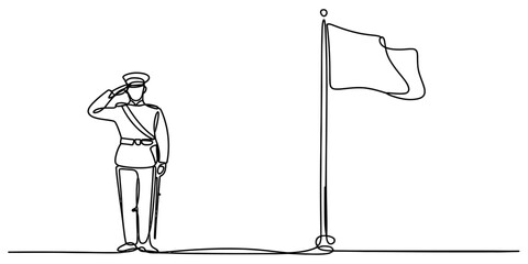 Continuous line art of soldier saluting national flag on flagpole © Bobita