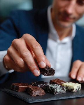 A man carefully selecting chocolates from an exquisite platter, highlighting moments of anticipation and enjoyment in savoring fine confections of chocolate indulgence.