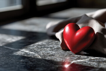 Fototapeta premium A vibrant red heart rests on a softly folded fabric, illuminated by gentle light that highlights its glossy surface and creates a serene and affectionate atmosphere.