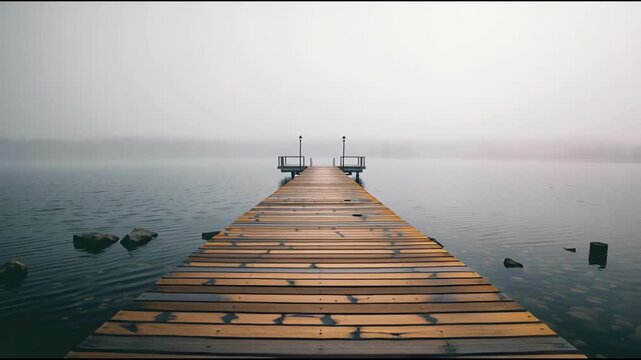 Wooden pier foggy lake calm water misty morning serene landscape minimal scene quiet mood symmetry horizon overcast sky tranquil scene empty dock still reflection peaceful mood vanishing point leads
