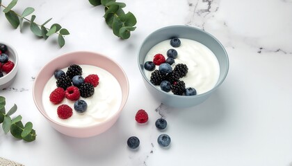 Healthy Yogurt Bowls with Fresh Mixed Berries and Eucalyptus on Marble