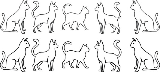 Set of minimalist cat vector illustrations in elegant outline style