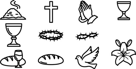 Lent religious symbols icon set in black and white vector