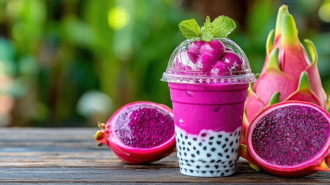 Vibrant Pink Dragon Fruit Bubble Tea with Fresh Fruit on Wooden Table