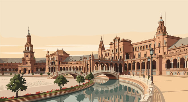 Plaza de Espana in Seville, Spain, with its iconic architecture and canal