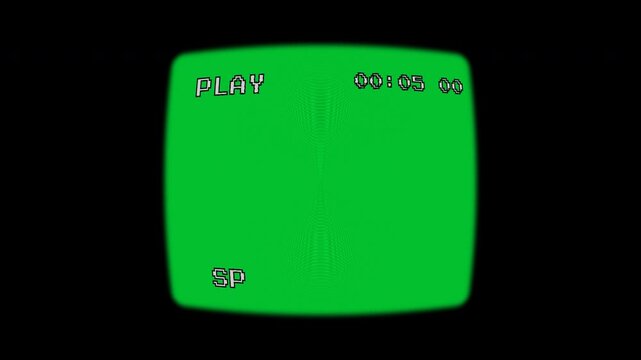 A vintage VHS viewfinder overlay features a chroma green screen center, framed by a black vignette with realistic scanlines, "PLAY" text, and a running digital timecode for retro video effects