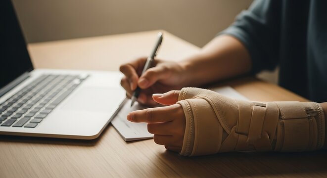 Person with wrist brace writing at laptop desk hands