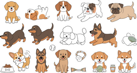 Fototapeta premium Cute dog breed collection with puppies playing sitting eating and holding toys adorable cartoon pet illustration set