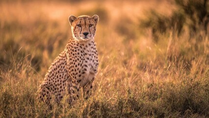 A cheetah sits in tall, golden grass during sunset, gazing toward the camera. Concept Cheetah portrait in tall golden grass, Golden hour wildlife photography, Savanna sunset scenery