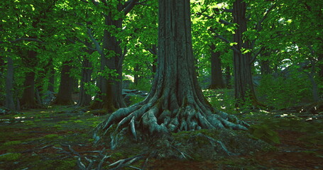 Sunlight filters through the vibrant green leaves of tall trees in a serene forest. The ground is covered with moss, highlighting the intricate roots of a majestic tree nearby.