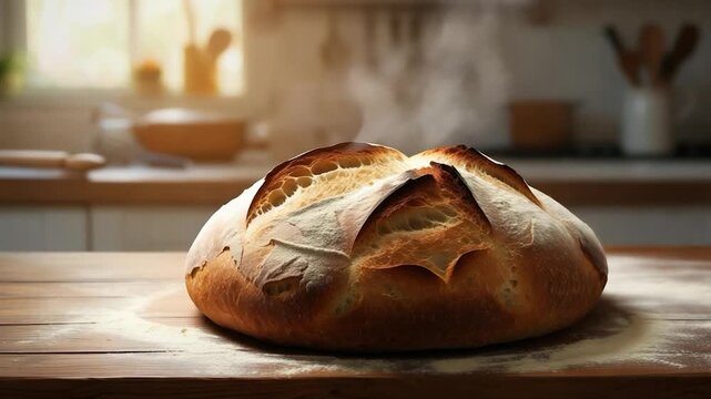 A freshly baked loaf of bread sits on a rustic wooden table, kitchen background blurred