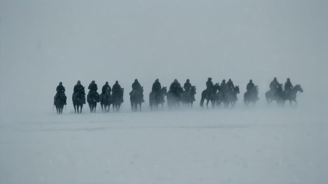 Group of medieval riders on horses moving slowly through a heavy snowstorm. Silhouette of an army marching in a winter blizzard with low visibility. Cinematic historical scene