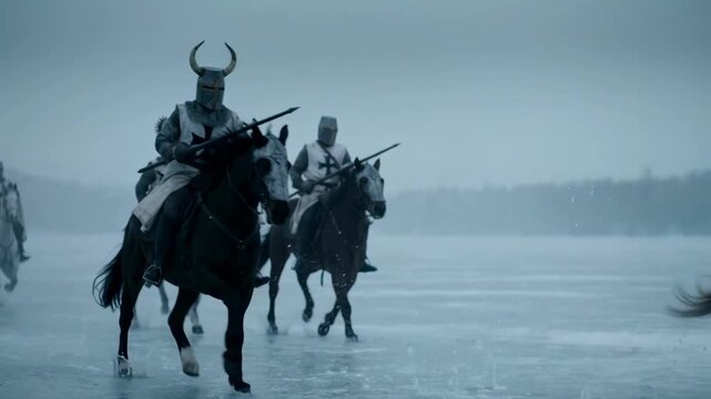 Teutonic knights on horses riding fast across a frozen lake during winter. Medieval crusaders charging into battle on ice with swords and horned helmets. Epic historical drama