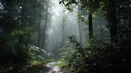 Obraz premium Rain falling through dense forest along a quiet woodland path