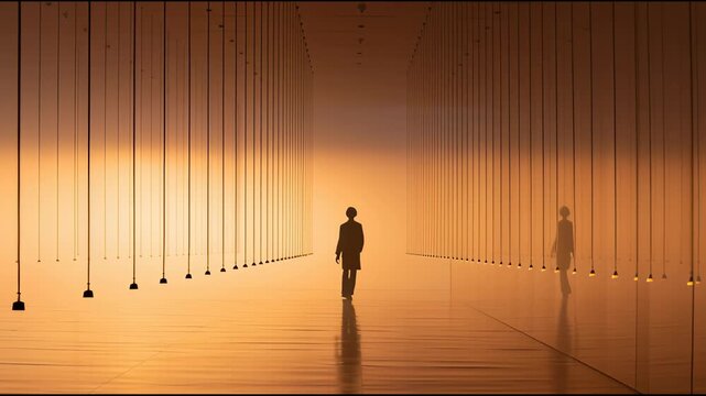Silhouette person walking light path suspended corridor minimal art installation, warm glow with hanging cables fading into glowing horizon, serene futuristic corridor, solitary figure orange fog
