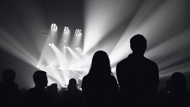 crowd silhouettes at a concert with bright stage lights Concept Concert Silhouettes, Backlit Audience, Bright Stage Lighting, Dynamic Live Photography, Nighttime Event Mood