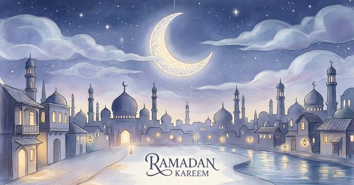 Night City Mosque Landscape with Crescent Moon Ramadan Kareem