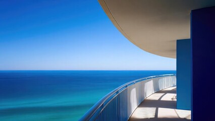 Naklejka premium Curved balcony with white railing overlooking a turquoise sea beneath a clear blue sky. Concept Curved Balcony View, White Railings, Turquoise Sea, Clear Blue Sky, Ocean Horizon