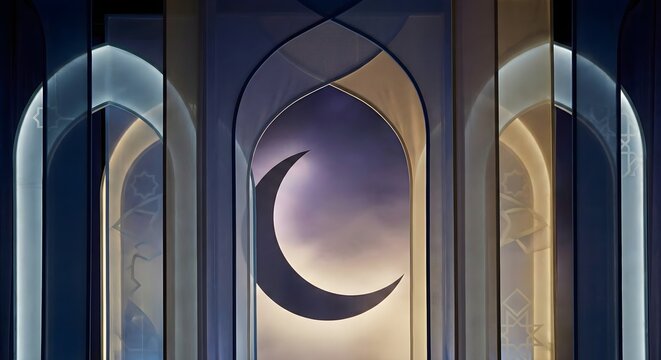 Elegant Islamic Arch Window with Crescent Moon Ramadan Kareem Background