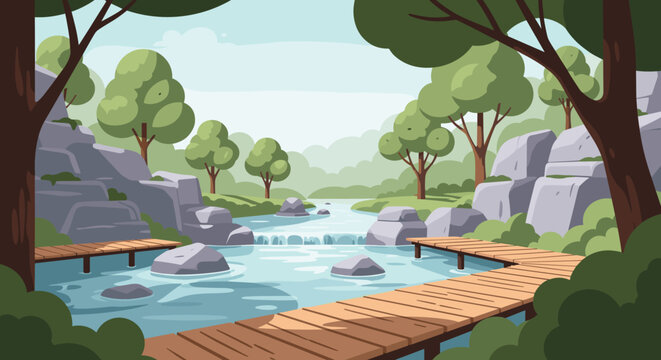 Serene forest landscape with a winding river and wooden boardwalks through lush greenery