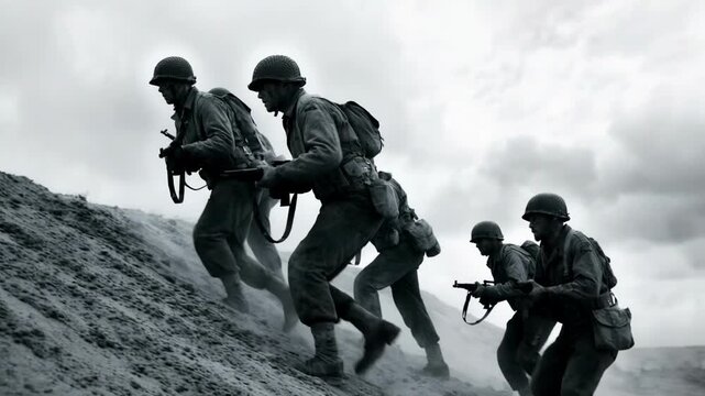 Group of soldiers in world war II uniform climbing a sandy hill during battle. Monochrome footage of infantry troops attacking with rifles in smoke. Historical military combat reconstruction