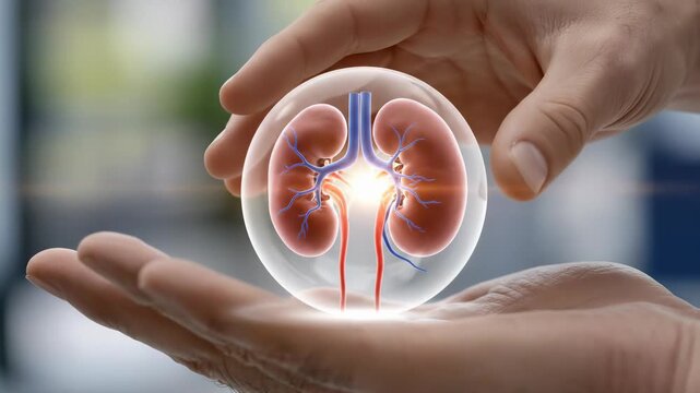 This is a video showing a kidney enclosed in a sphere held on open hands. It promotes the importance of kidney donation for transplants. Be a donor and save lives