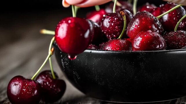 Woman hand picks cherry from black bowl slow motion luxury food