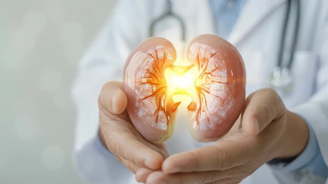 Doctor in a white coat shows a pair of kidneys radiating light. This video represents the concept of organ donation, encouraging people to become a donor and give life