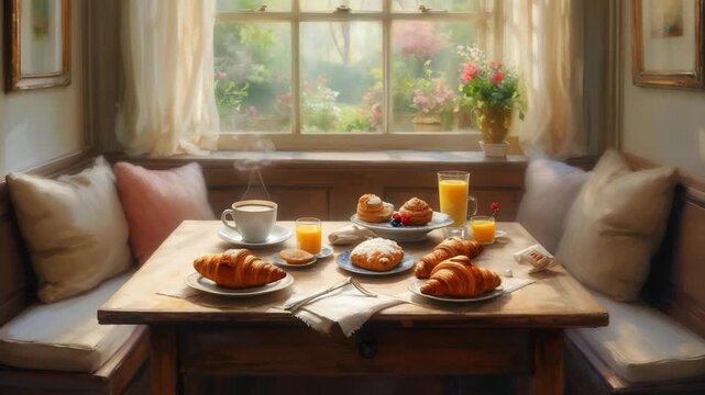 A cozy breakfast table is set with pastries, coffee, juice, and fruit, next to a window with a garden view