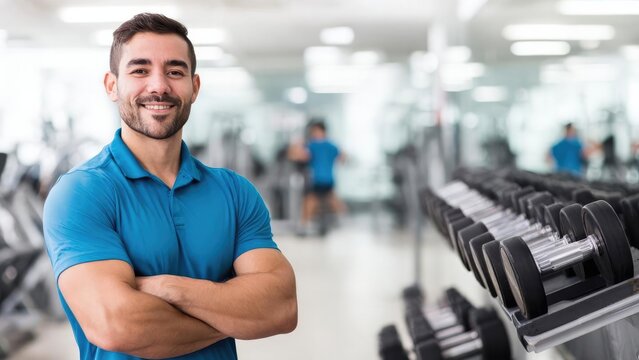 Smiling man in a blue polo stands with arms crossed in a gym, dumbbells lined up on a rack in the foreground. Concept Gym Portrait, Smiling Man, Blue Polo, Crossed Arms, Dumbbells Foreground