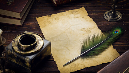 Vintage Brass Inkwell with Peacock Quill on Old Parchment Paper 2026