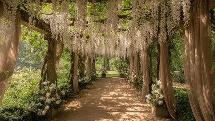 Obraz premium A garden path under a canopy of white hanging flowers with draped fabric, forming a floral tunnel. Concept Floral Tunnel, White Flower Canopy, Garden Path, Draped Fabric, Romantic Atmosphere