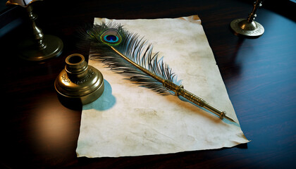 Antique Writing Set with Peacock Feather Pen and Inkwell on Mahogany Table