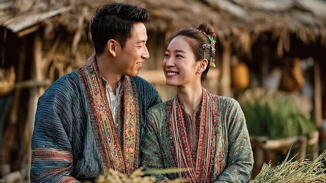 Love Amidst Tradition: A heartwarming portrayal of a couple sharing a loving glance, celebrating cultural heritage and values. They are dressed in traditional attires.
